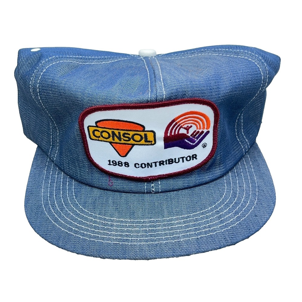Vintage Denim Trucker Hat Cap Made USA 80s Consol Coal Mining Patch United Way